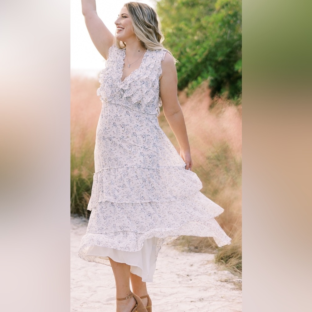 Floral White and Blue Women's Dress